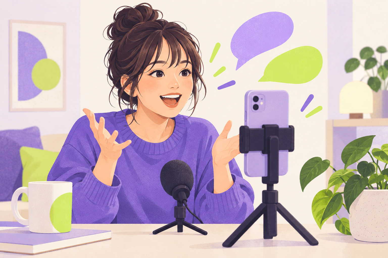 スマートフォンとマイクを使って配信する成人のイメージイラスト